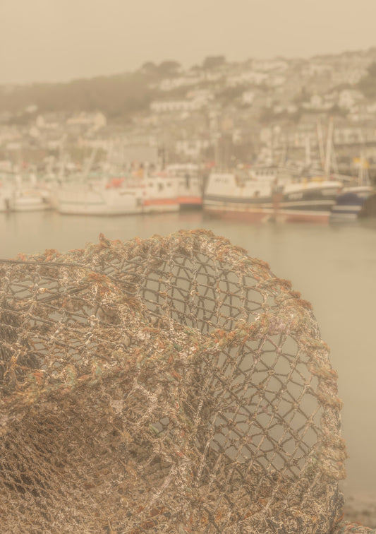 A5, A4 or A3 vintage style harbour art print of a Crab pot at Newlyn Harbour