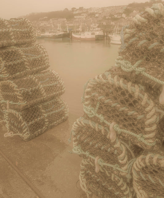 A5, A4 or A3 vintage style harbour art print of Crab pots and Trawlers